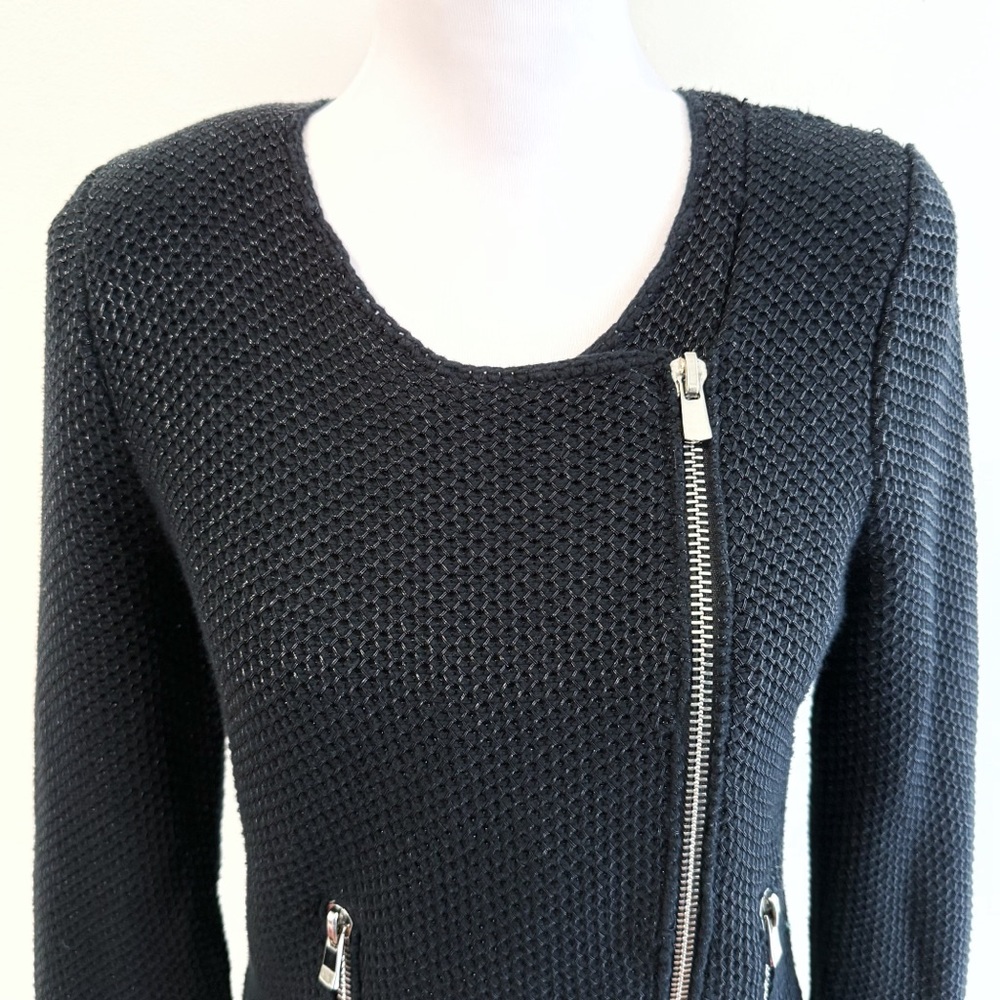MAJE EMPIRE SHIMMERY BLACK KNIT SILVER ZIPPER MOTO BLAZER JACKET - Picture 3 of 12
